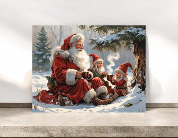 Old World Santa Christmas Card, Santa with Elves Holiday Notecard Set