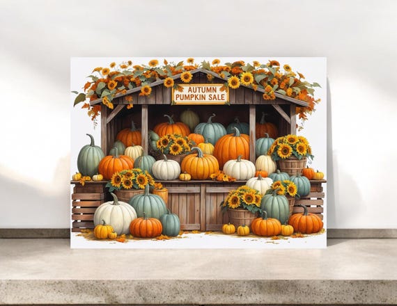 Autumn Pumpkin Market Stand Notecards with Envelopes - Folded Blank Stationery Gift Set for Fall