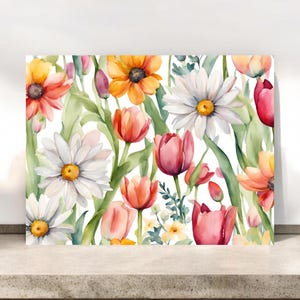 Cartão alegre com tulipas, margaridas e flores de margarida-de-olhos-pretos, cartões em branco, papelaria floral para qualquer ocasião, cartão de presente floral
