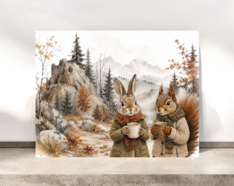 Personalized Woodland Friends Greeting Card, Rabbit and Squirrel Autumn Card, Cozy Coffee or Tea Card, Friendship Card, Mountain Nature Card