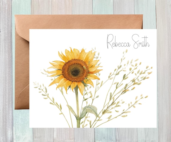 Personalized Sunflower Blank Note Cards, Personal Stationery