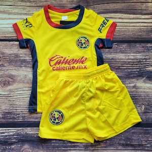 Club america Kid&#39;s Soccer Uniform, Yellow Soccer Outfit, Jersey and Shorts, Futbol Uniform, Unbranded