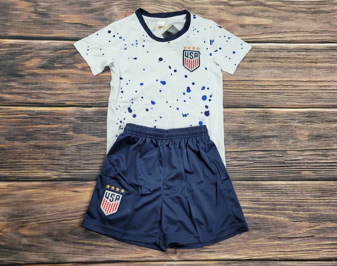 USA Kid's Uniform, Soccer Outfit, Jersey and Shorts, White Futbol