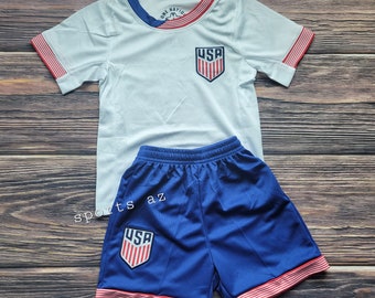 USA Kid's Uniform, White Soccer Outfit, Jersey and Shorts, Blue and White Futbol Uniform, Unbranded
