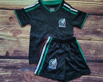 Kid's Mexico Soccer Uniform, retro style black Soccer Outfit, Jersey and Shorts, Futbol Uniform, Unbranded