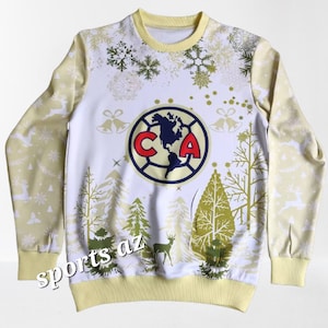 Club America Christmas Sweatshirt Las Aguilas, all over printed Navideño, Club America Yellow Color sueter