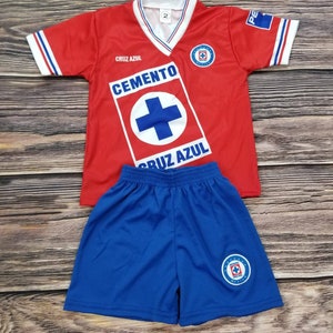 Cruz azul Red Kids Uniform, Soccer Outfit, version Retro Jersey and Shorts , La Maquina Cementera De cruz azul
