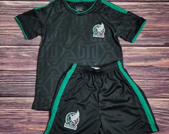 Kid's Mexico Soccer Uniform, retro style black Soccer Outfit, Jersey and Shorts, Futbol Uniform, Unbranded