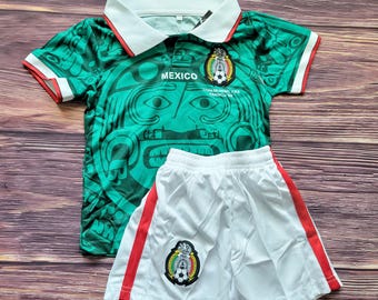 Retro Style Mexico Green Uniform, kid's Soccer Outfit, Jersey and Shorts, 1998 style Futbol Uniform, Unbranded