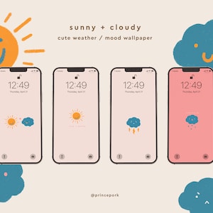 Op de afbeelding: Vier smartphones met weer-thema wallpapers. De schermen tonen een lachende zon, een wolk met regen en een wolk met bliksem. De tekst "sunny + cloudy" en "cute weather / mood wallpaper" is zichtbaar.