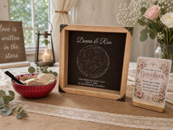 A solid wood drop-box guest book with a custom star map of the wedding night sky — two clever, sentimental ideas fused into one genuinely original keepsake.