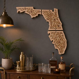 May include: A wall-mounted wooden display frame shaped like the state of Florida, filled with numerous natural corks. The frame is divided into two sections and features a light wood border, showcasing a collection of wine corks inside.