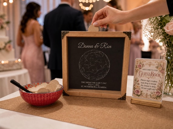 A solid wood drop-box guest book with a custom star map of the wedding night sky — two clever, sentimental ideas fused into one genuinely original keepsake.