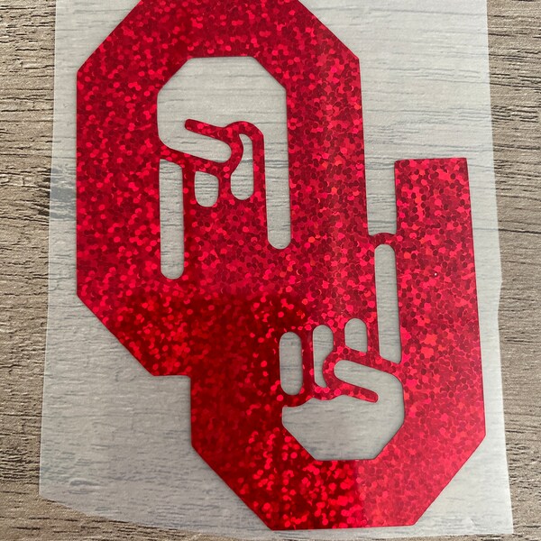 Oklahoma University Sooners - Horns Down Outline Logo - Red Glitter Vinyl Decal