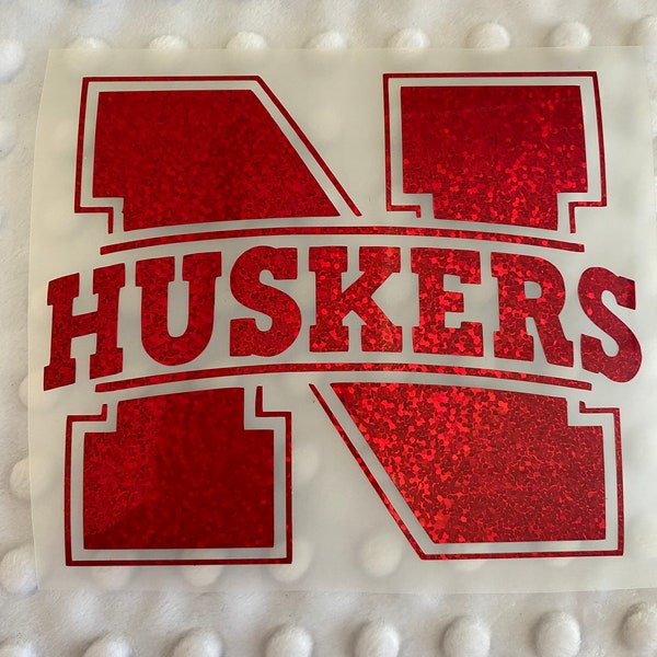 University of Nebraska Corn Huskers, Red Glitter "N" "Huskers" Logo Decal