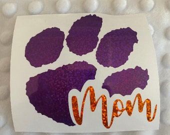 Clemson Purple Glitter Tiger Paw with Orange Glitter "Mom" Decal