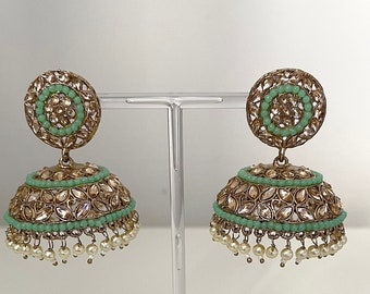 Asian/ Indian/Pakistan Jhumka/jhumki earrings with a hint of pearl.  Jhumkas/ jhumkis earrings in green, mint, pink. Indian jewelry