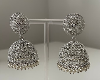 Indian/ Pakistan gold or silver jhumkas/ jhumkis earrings.  Medium size jhumka/ jhumki earrings, Indian jewelry, Indian jhumka earrings.