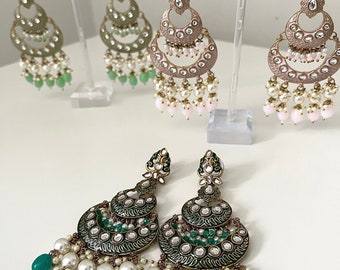 Asian/Indian/Pakistan pearl and polki stoned earrings in green, pink or mint.  Statement earrings,meenakari earrings,Indian jewelry