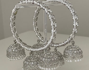 Silver Indian Pair of Triple Jhumka/ Jhumki Polki Bangles. Jhumki