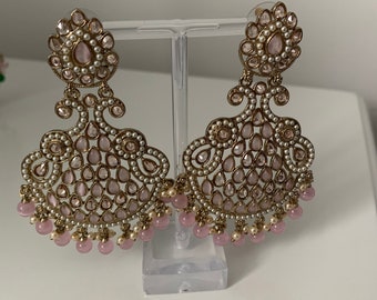Asian/ Indian earring set in multi coloured, mint, pink and navy blue. Statement earrings, Indian jewelry, Bollywood, kundan,Indian earrings