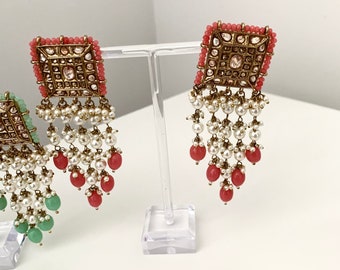 Asian/Indian/ Pakistan pearl earrings.  Pearl earrings in maroon, mint, pink, grey, peach and gold.  Indian jewelry, statement jewellery