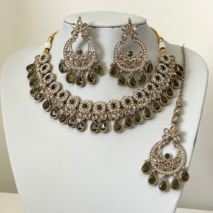 Indian Olive Green/ Lime Pearl Necklace, With Earrings & Tikka