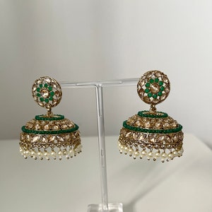 Asian/ Indian/Pakistan Jhumka/jhumki earrings with a hint of pearl.  Jhumkas/ jhumkis earrings in green, mint, pink. Indian jewelry