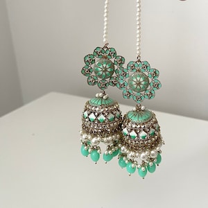 Indian handpainted mint jhumka ear chain earrings. Indian jhumka and ear chain earrings, Indian jewelry, Bollywood set,statement earrings
