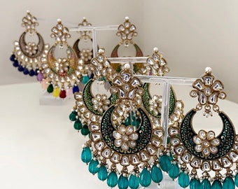 Indian Meenakari hand-painted earrings in green, teal, purple and multi. Indian earrings,Asian earrings, kundan earrings. statement earrings