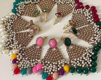 Asian/Indian/Pakistan gold polki stoned earrings. Indian jewelry,lightweight earrings,polki earrings, green,multi,hot pink,Bollywood,earring