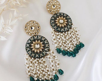 Pakistan/Indian polki pearl style statement earrings in green,black, hot pink and cream.  Statement earrings,Bollywood earrings,Kundan
