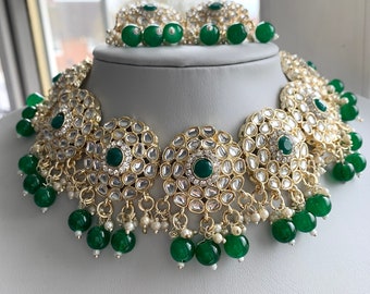 Asian/ Indian/ Pakistan green & silver choker with earring and tikka. statement, Bollywood jewellery, silver jewellery, silver choker set.