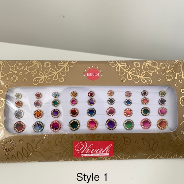 Indian/Asian multi-coloured round stick on bindi packs.  Silver dotted bindi/ gold round bindis.  Bridal bindi/ bindi packs