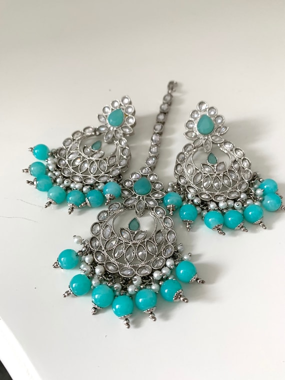 Indian Silver and Turquoise Pearl Earrings and Tikka Silver