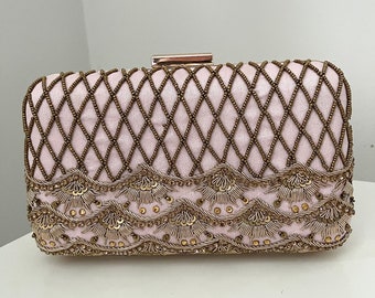 Vintage Faux Leather Clutch Bag Rose Detail Star Studs Pearl Evening Party Nude 