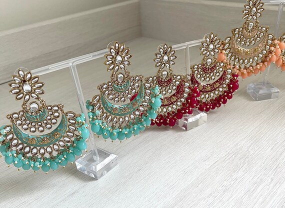 Indian Kundan statement earrings in baby blue, hot pink and peach.  Bollywood earrings,Kundan earrings,Indian jewelry, Meenakari earrings