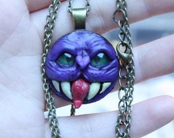 purple demon monster necklace handcrafted one of a kind polymer clay art