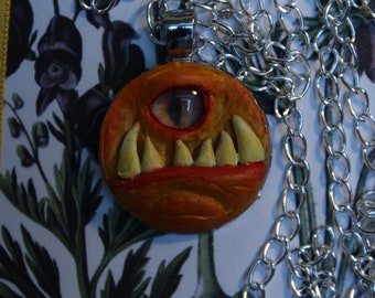 Monster creepy necklace, orange pumpkin creature polymer clay art jewelry