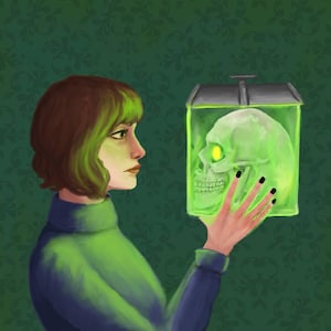 Puede incluir: Ilustración de una persona con un suéter verde y azul mirando un cráneo verde brillante dentro de un recipiente de vidrio. El cráneo tiene un ojo amarillo brillante. El fondo es un patrón floral verde oscuro.