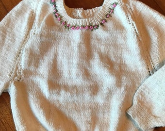 Handmade baby / young girl knit jumper white embroidered