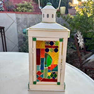 Stained Glass Lantern Handcrafted glass mosaic One-of-a-kind lamp 5&quot;x5&quot;x12&quot; Abstract theme