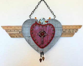 Red Flaming Heart LARGE - recycled art - assemblage art - handmade Signed by artist