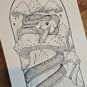 May include: A black and white line drawing of a snake coiled around a mushroom. The snake has its mouth open and fangs showing. The mushroom has a cap with a textured surface. The background is a light grey with a dotted pattern.