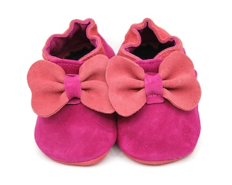Soft Sole Baby and Toddler Hot Pink Leather Bootie Crib Shoe with Coral Bow -Girls-