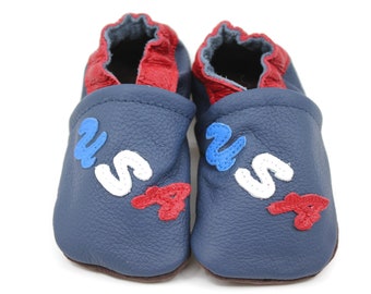 Soft Sole Baby and Toddler Blue Leather Bootie Crib Shoe with USA Detail -Unisex-