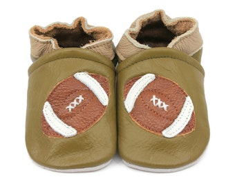 Soft Sole Baby and Toddler Green Leather Bootie Crib Shoe with Football -Boys-