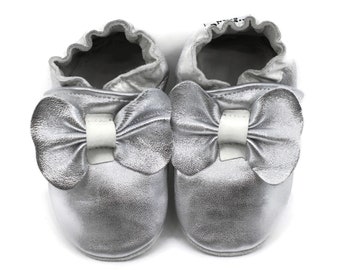 Soft Sole Baby and Toddler Silver Leather Bootie Crib Shoe with Bow -Girls-