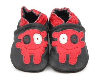 Soft Sole Baby and Toddler Black Leather Bootie Crib Shoe with Red Monster -Boys-