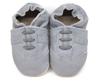 Soft sole Baby and Toddler Light Grey Leather Sneaker Crib Shoe -Boys-